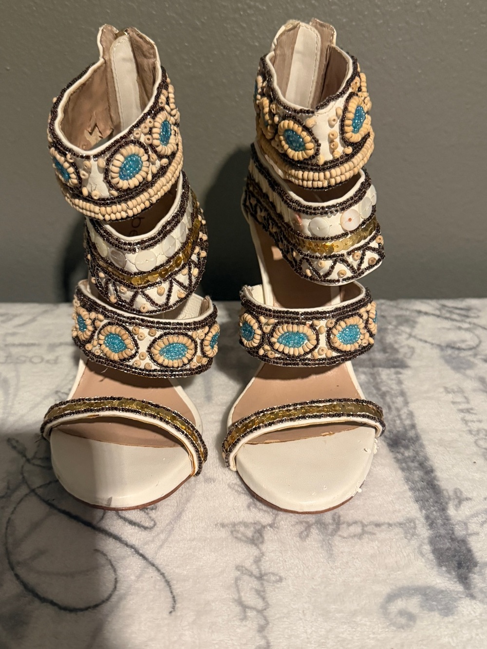 bebe White Strappy Beaded Turquoise-Accent Heels